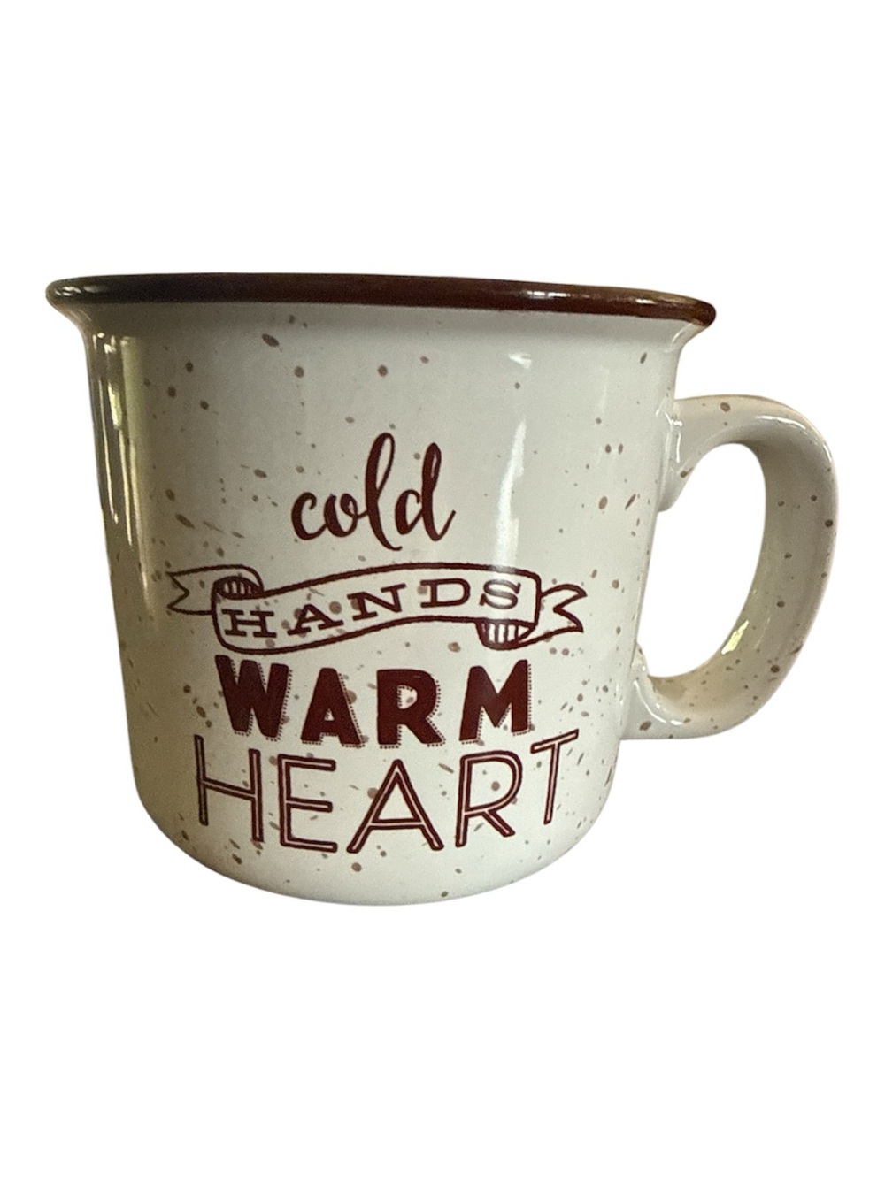 Cold Hands Warm Heart Ceramic Mug/Cup Cream with Brown Specks 12.5 fl oz